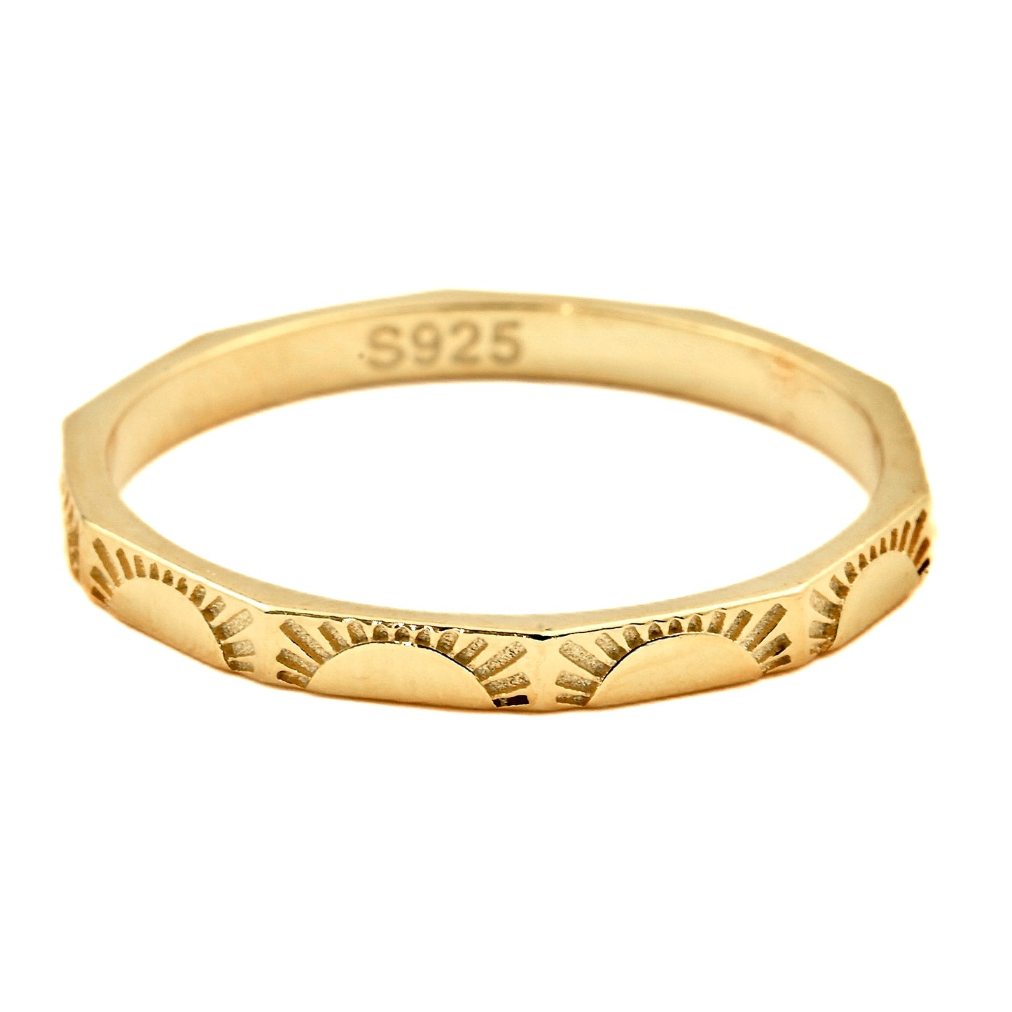 Angular Gold ring with intricate sun engraving on the inside and S925 stamp on the inside  on a white background