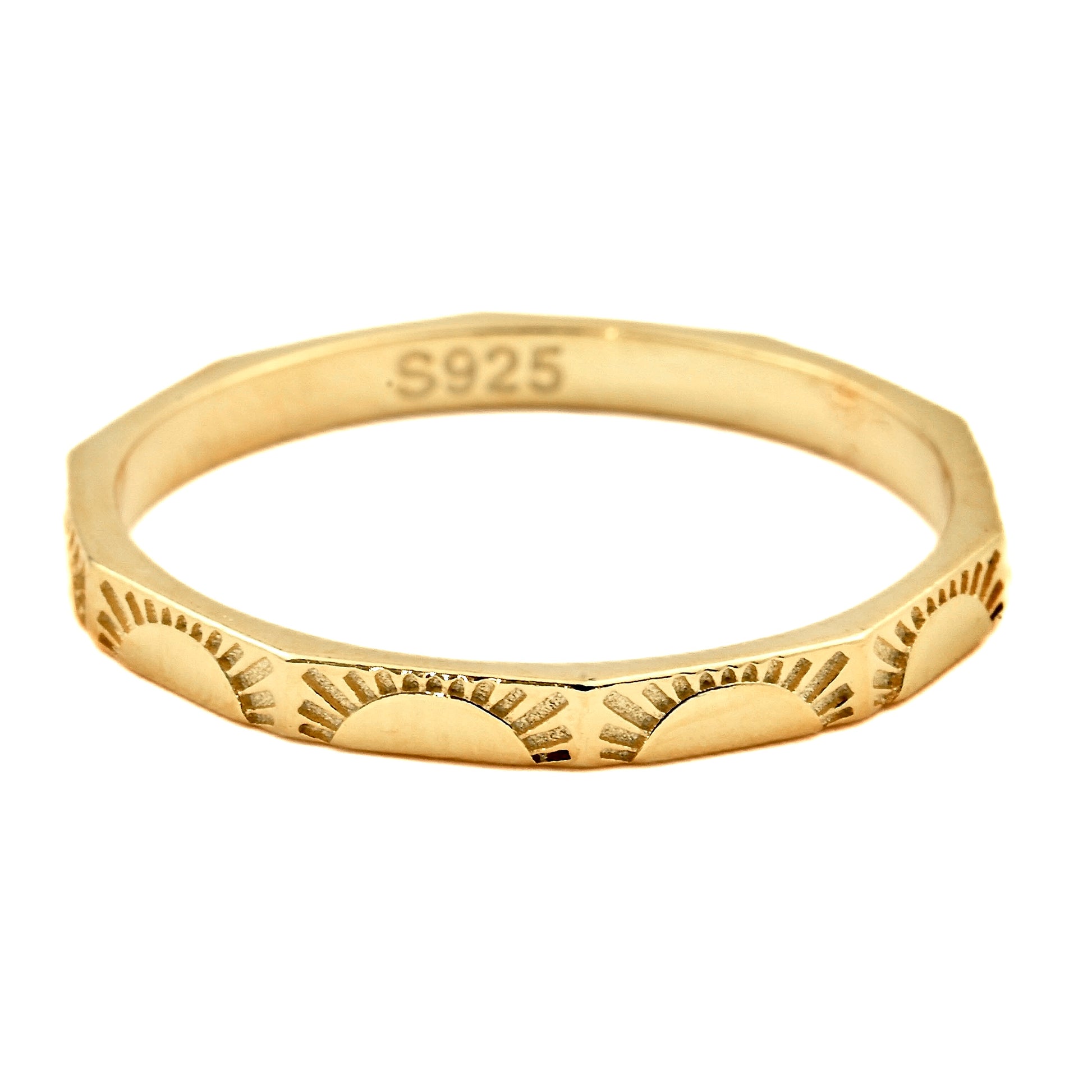 Angular Gold ring with intricate sun engraving on the inside and S925 stamp on the inside  on a white background