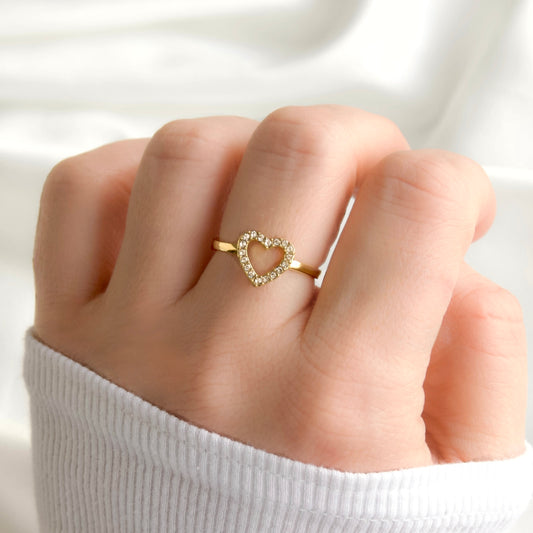 Open Gold Pave CZ Heart Ring - Stainless Steel