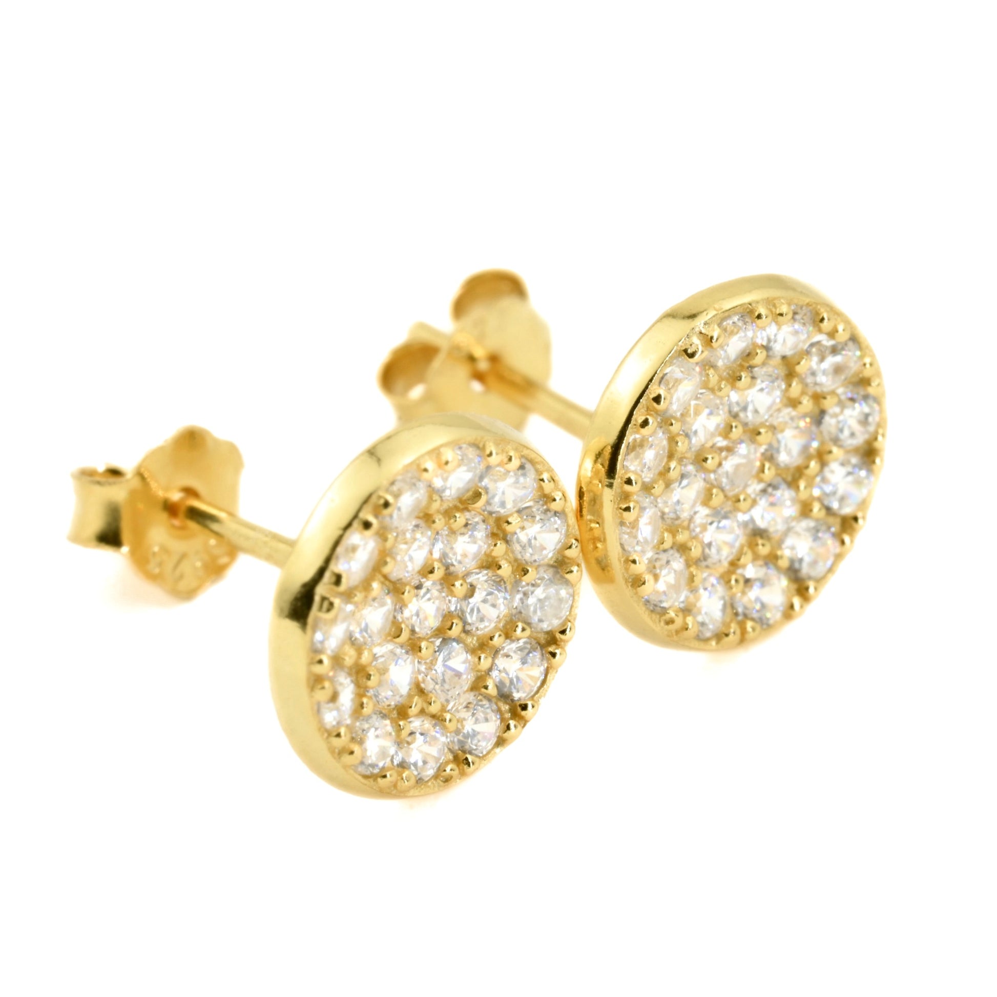 Gold round stud earrings with pave diamond accents on a white background