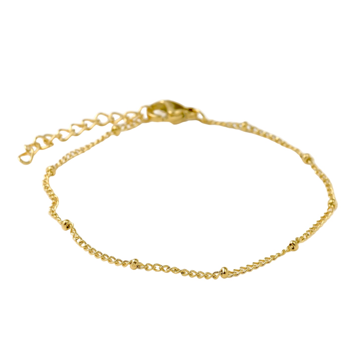 Dainty Gold beaded chain bracelet on a white background