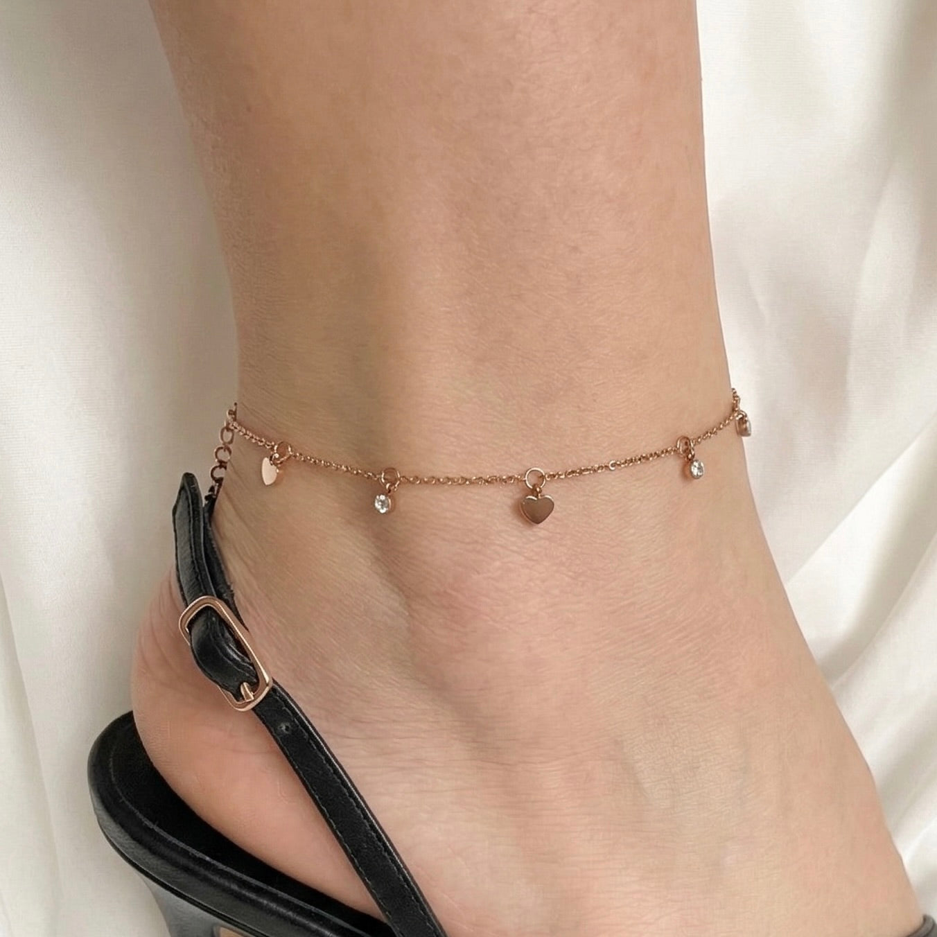 Diamond Heart Anklet, CZ and Heart Charm Ankle Bracelet, Stainless Steel, Waterproof