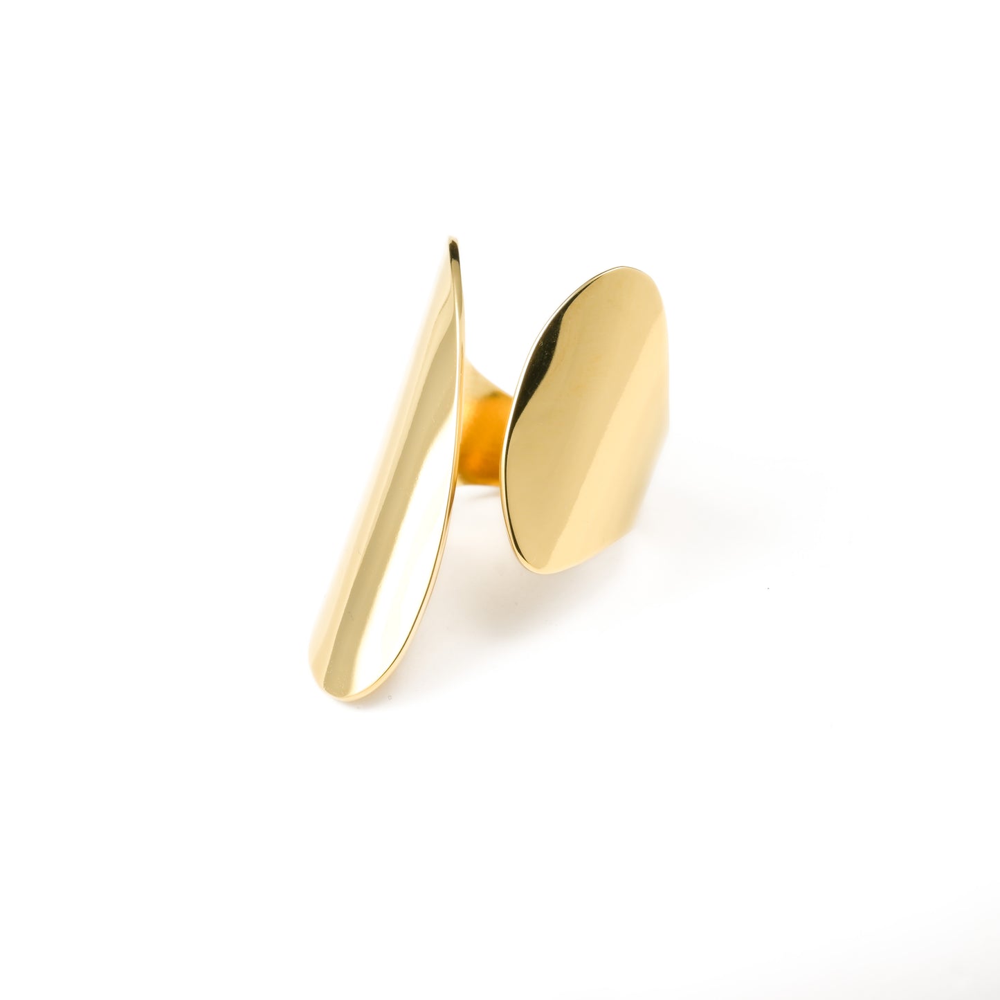 Chunky gold ring with a unique design on a white background