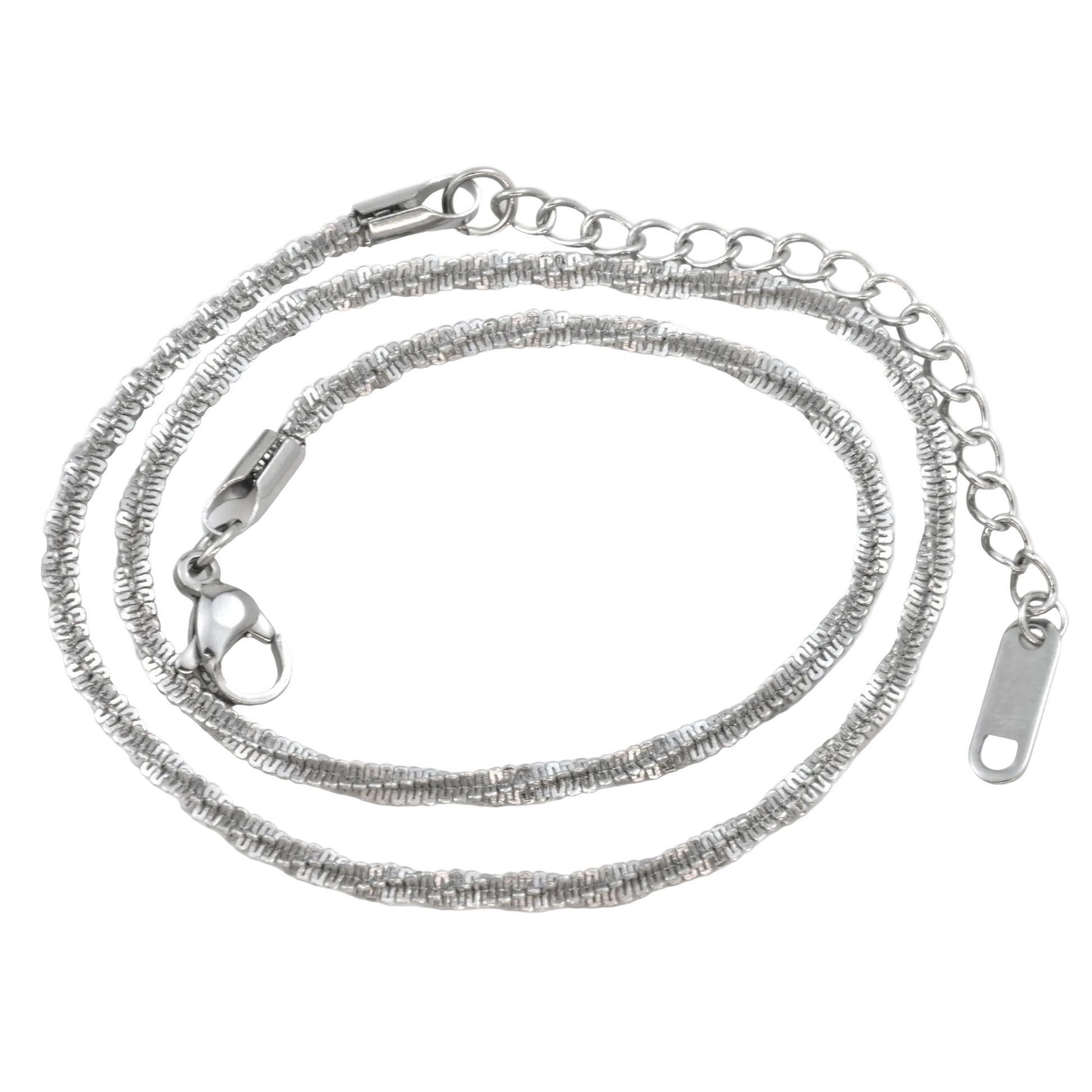 Silver sparkle chain necklace with a lobster clasp and extender on a white background