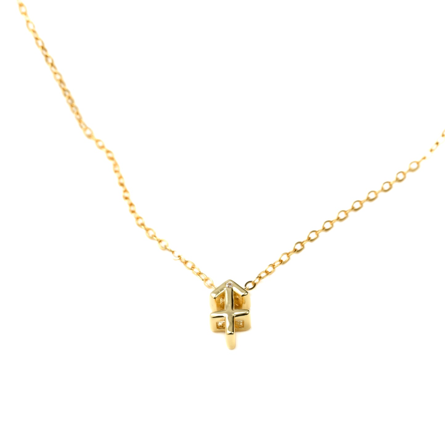 Gold  sagittarius necklace with a small arrow pendant on a white background