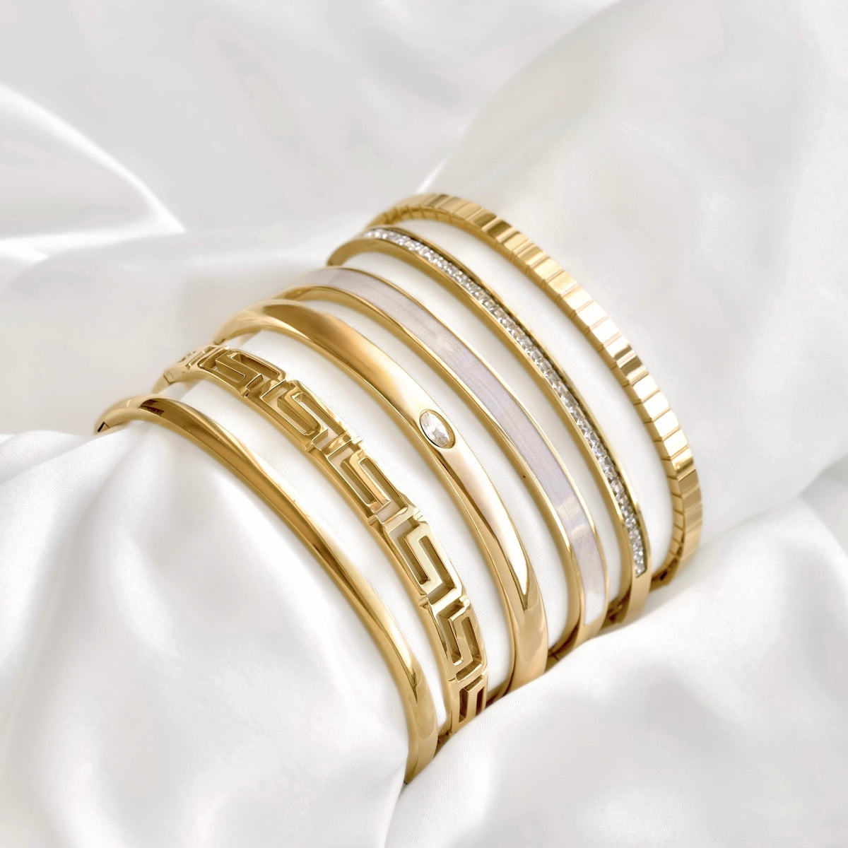 Mixed Motif Gold Hinged Bangle Set - Stainless Steel