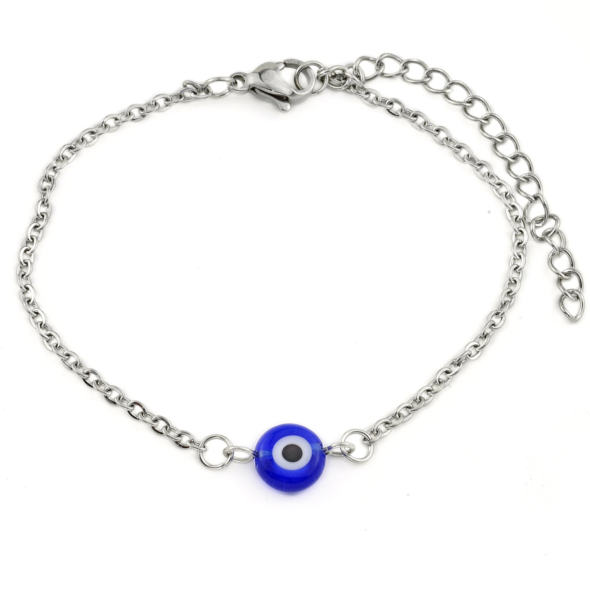 Silver chain bracelet with a blue evil eye charm on a white background