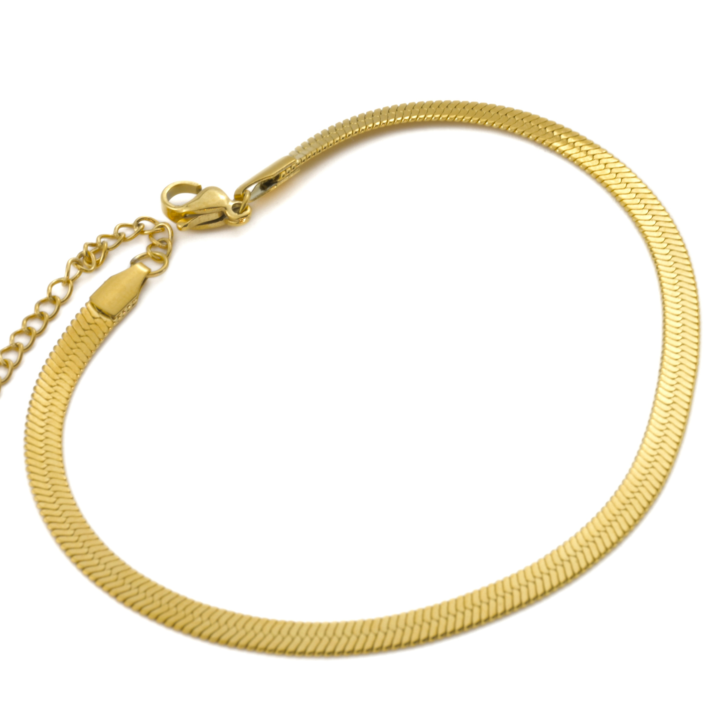 Gold flat snake chain ankle bracelet on a white background