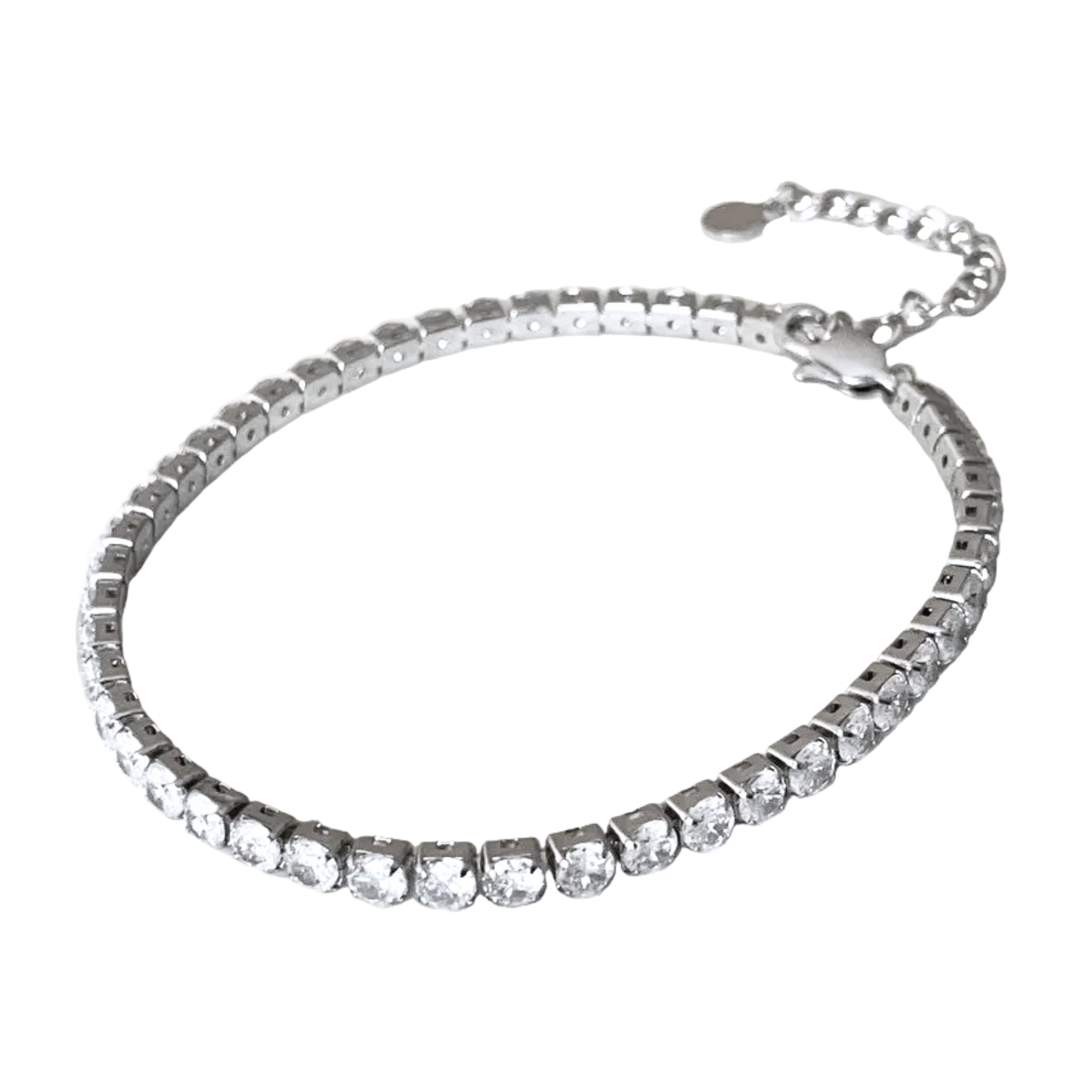 Silver anklet with clear stones and extender chain on a white background