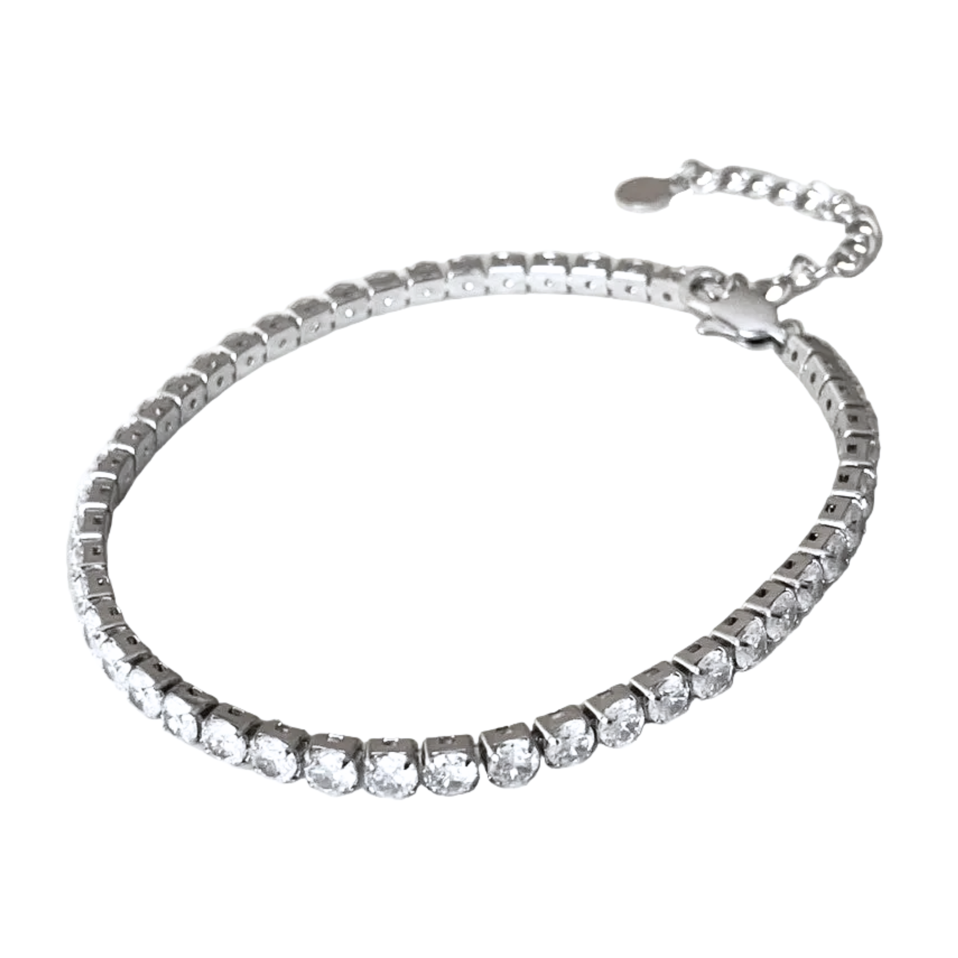 Silver anklet with clear stones and extender chain on a white background