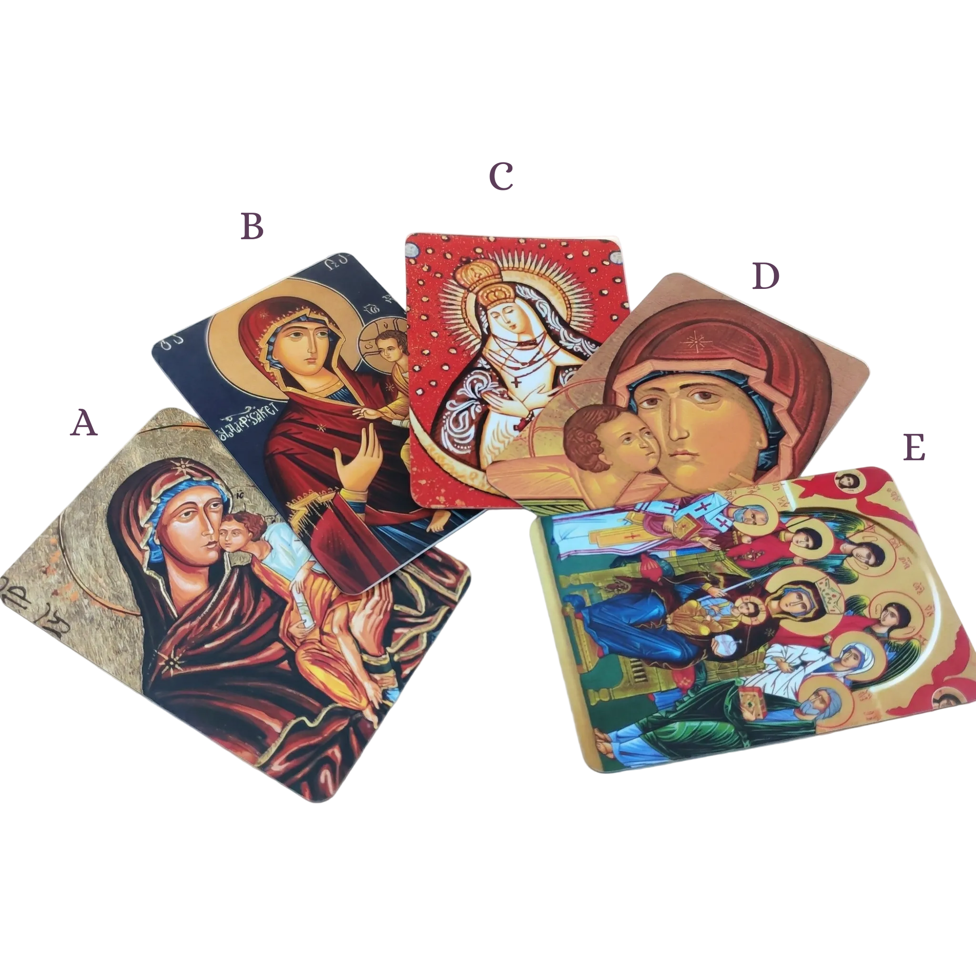 Set of four religious-themed refrigerator magnets on a white background