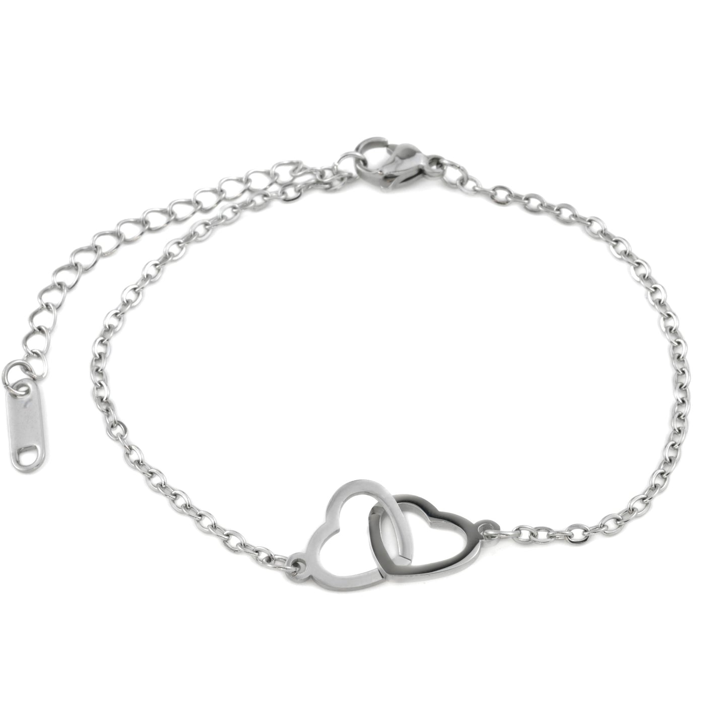 Top view of silver interlocking hearts bracelet with a lobster claw clasp  and extender on a white background