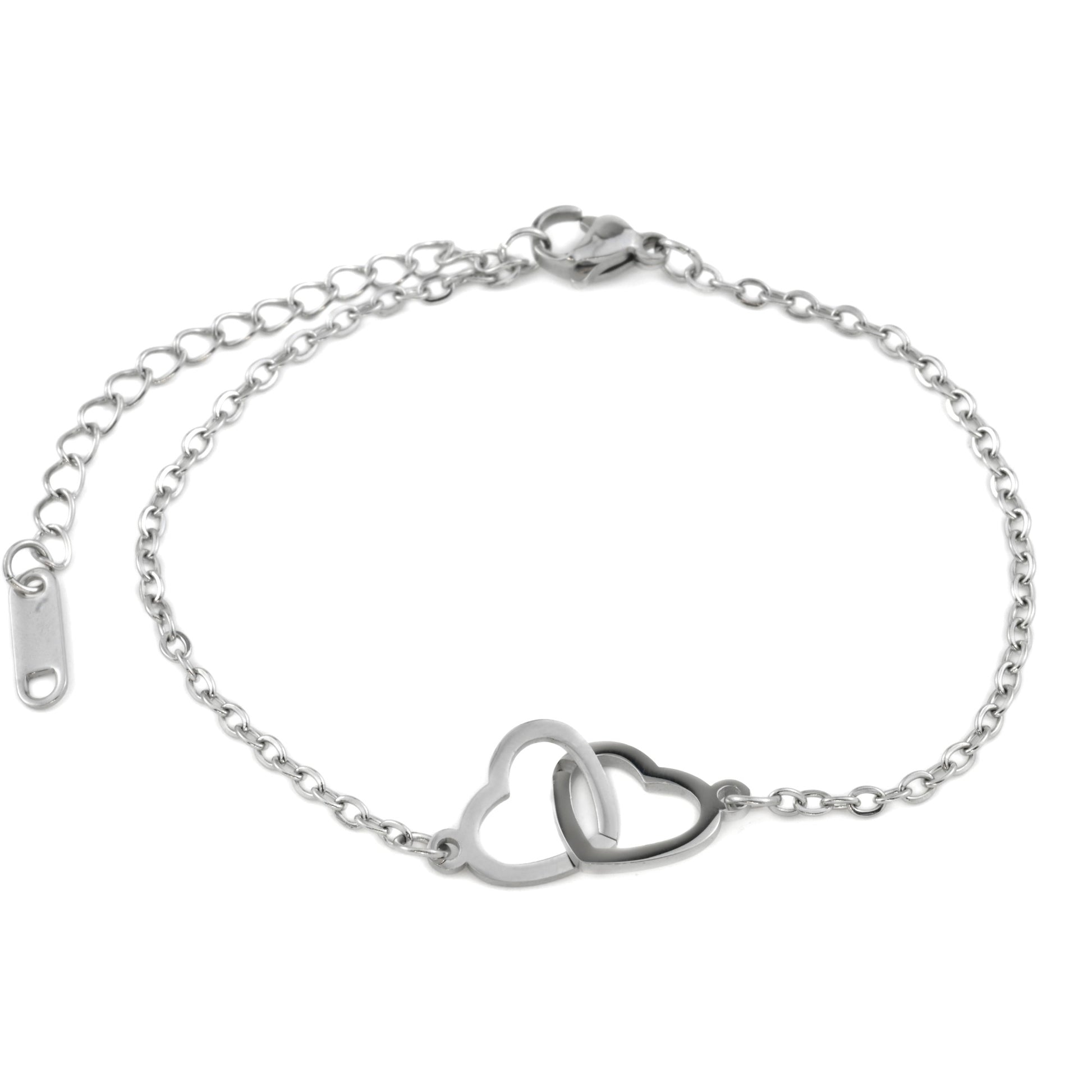 Top view of silver interlocking hearts bracelet with a lobster claw clasp  and extender on a white background