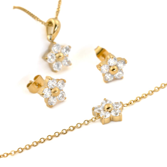 Gold flower jewelry set with necklace, earrings, and bracelet on a white background