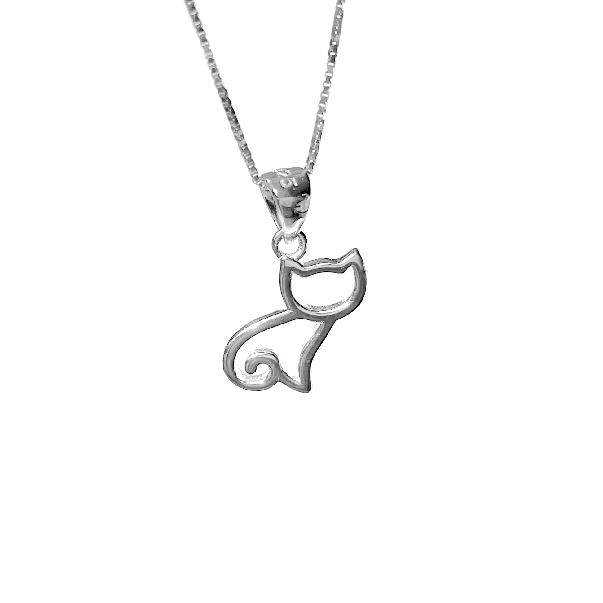 Silver cat outline pendant with S925 stamp on the pendant bail, hanging from a thin box chain against a white background