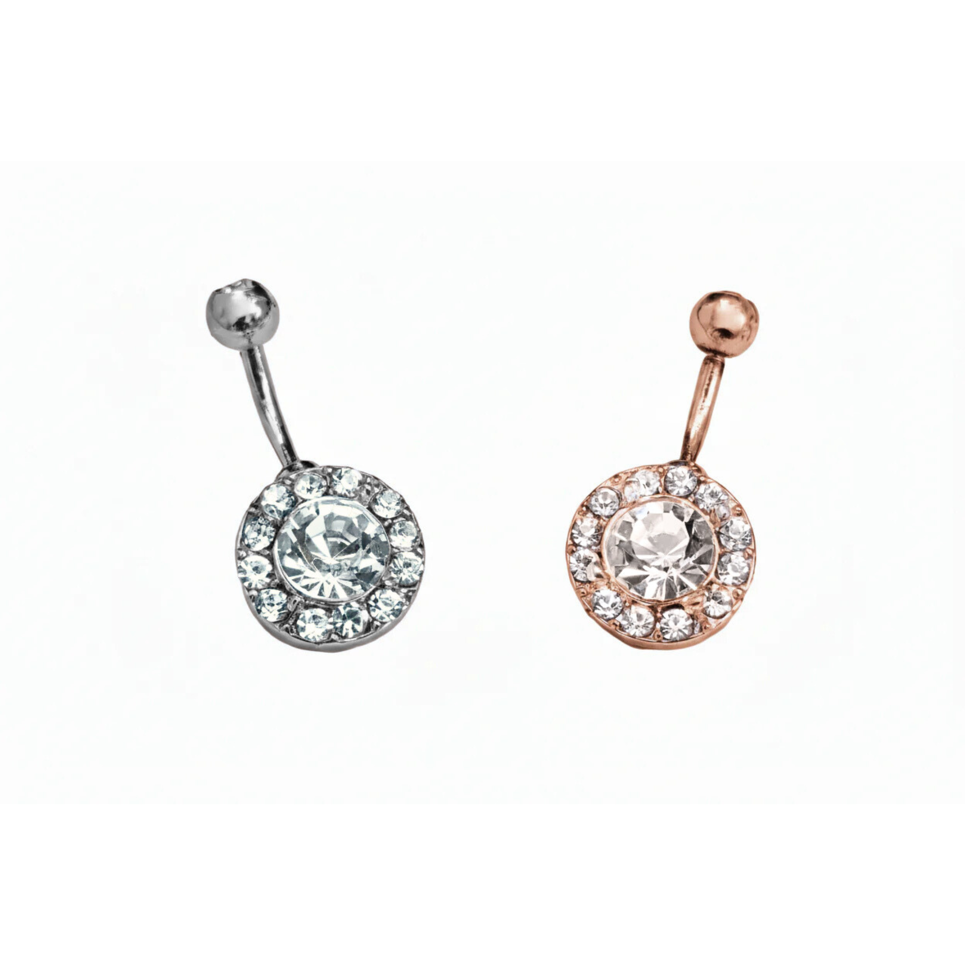 Two belly button rings, one silver and one rose gold, with clear gemstones on a white background.