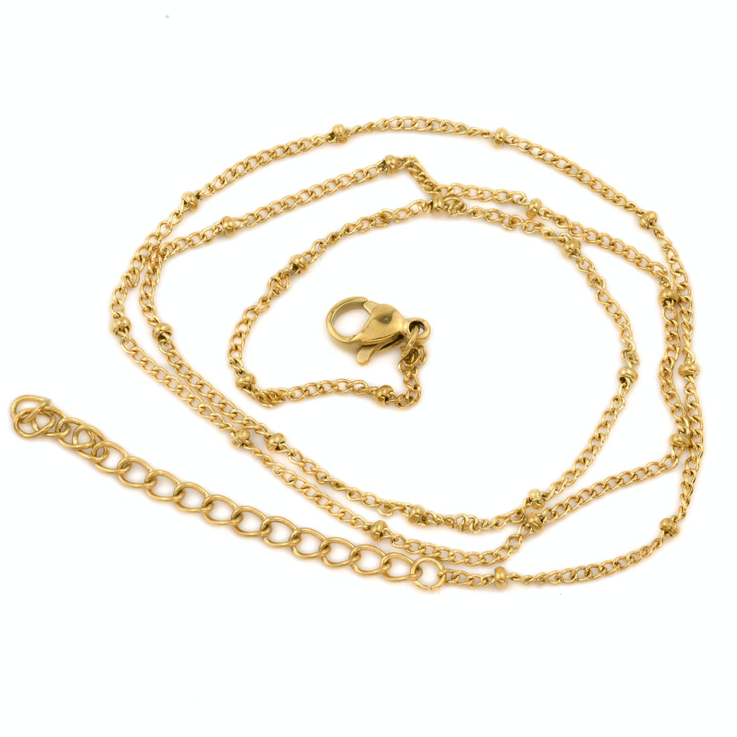 Dainty Gold satellite necklace with a lobster claw clasp and 2-inch extender chain on a white background
