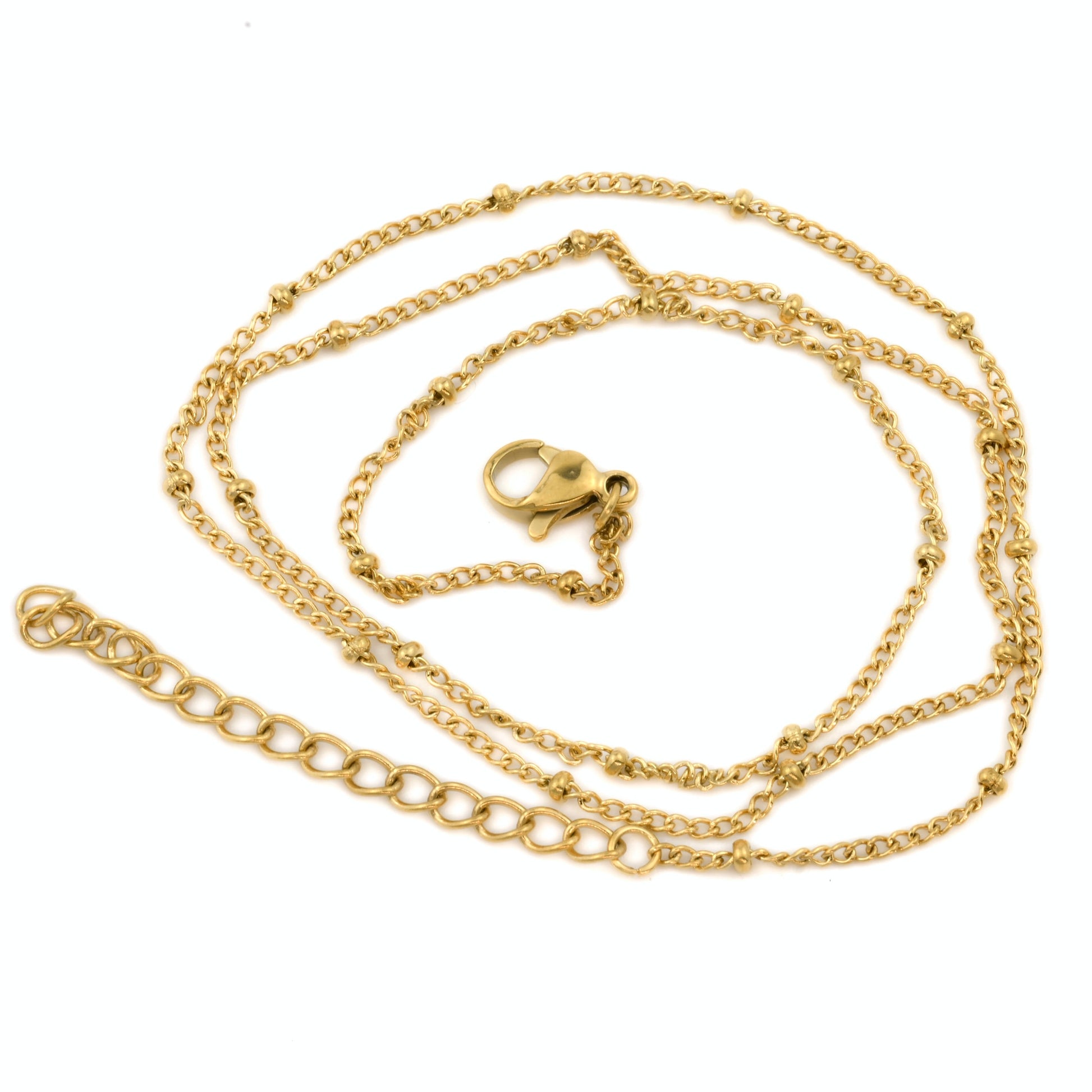 Dainty Gold satellite necklace with a lobster claw clasp and 2-inch extender chain on a white background