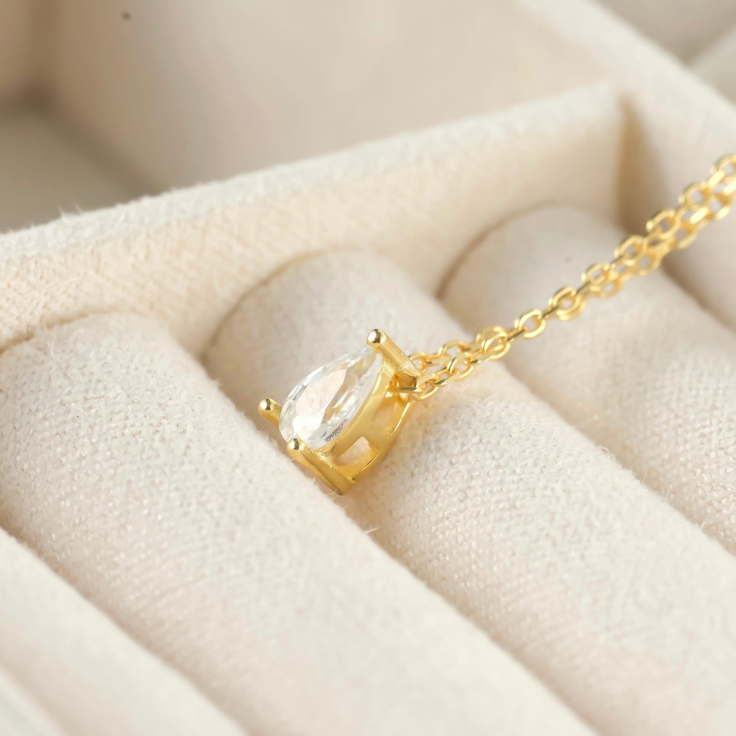 925 Sterling Silver Diamond Charm Necklace, Gold Plated, Teardrop Solitaire Chevron Charms