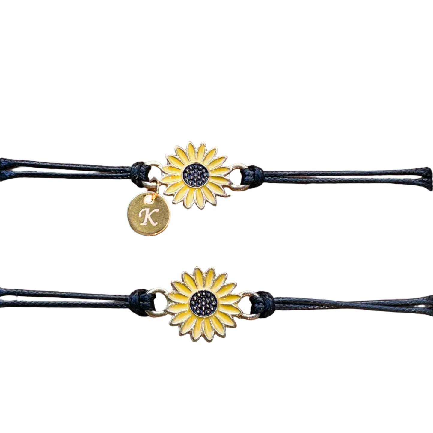 Two sunflower-themed bracelets, one with initial 'K' charm one without initials with black thread on a white background