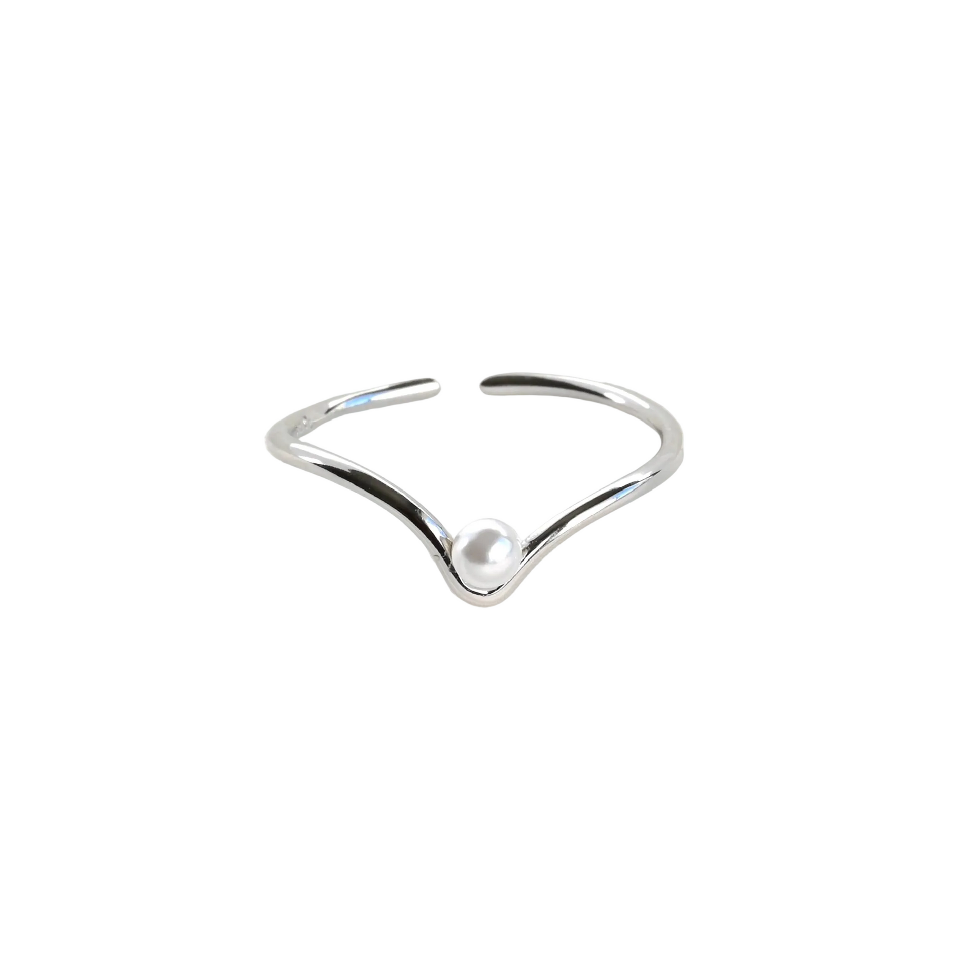 Front view of dainty silver V-shaped ring with pearl on a white background