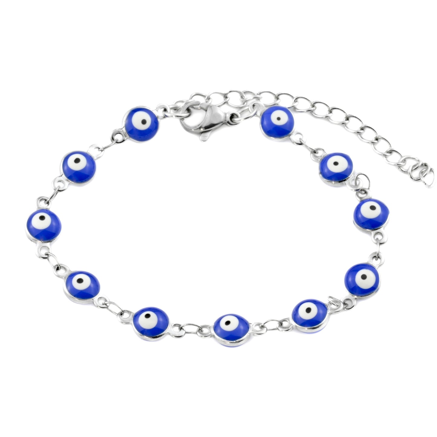Top view of silver evil eye beaded bracelet with enamel beads, lobster claw clasp and extender.