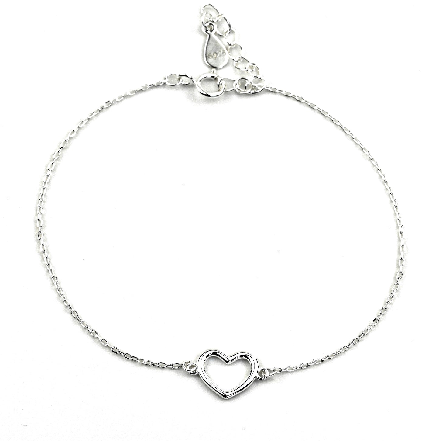 Silver bracelet with a heart charm, spring ring clasp and S925 stamped tag on a white background
