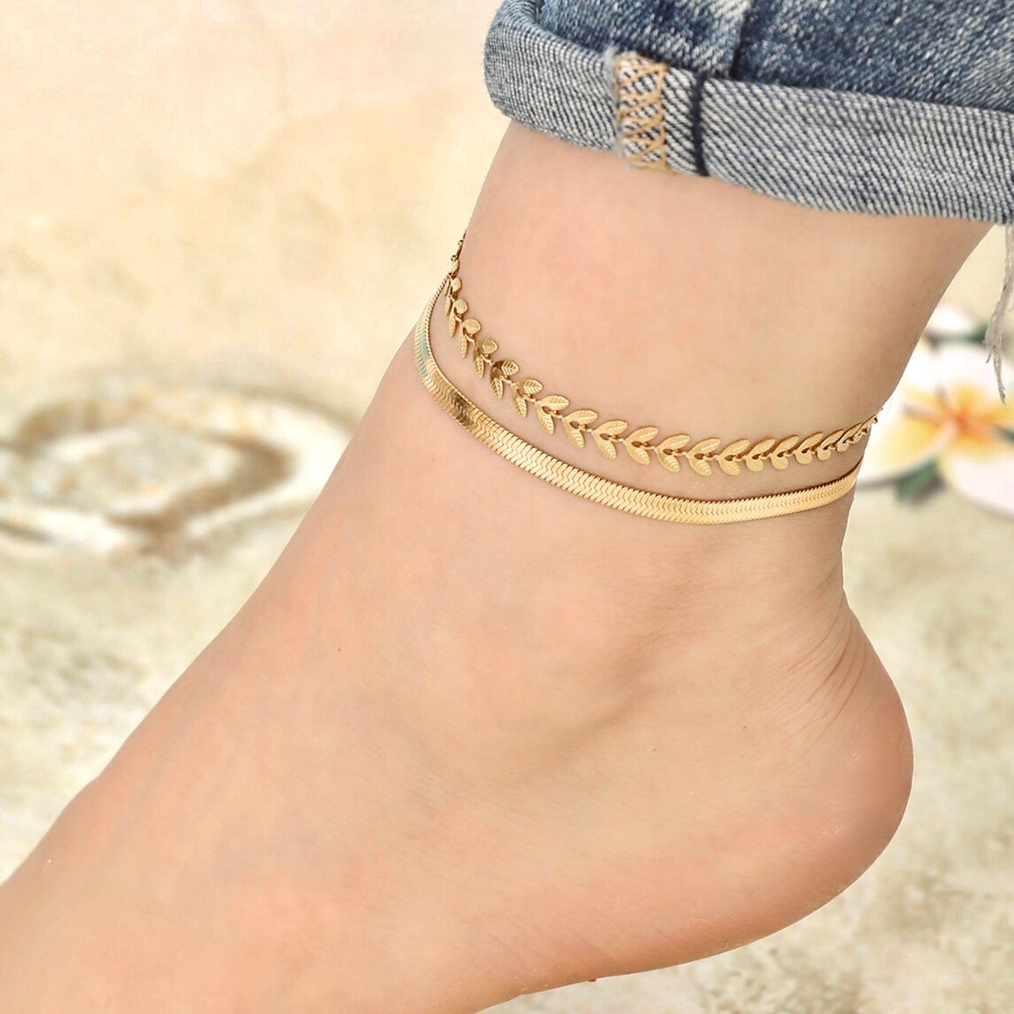 Herringbone Anklet Set - Gold Leaf and Snake Chain Ankle Bracelets, Stainless Steel