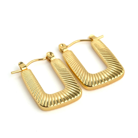 Ribbed ractangular hoop earrings on a white background