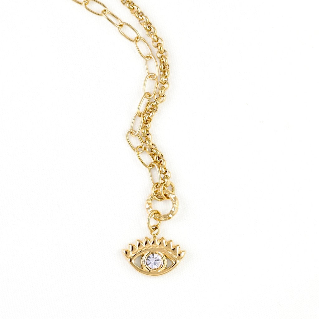 A gold-toned paperclip chain necklace featuring an evil eye pendant with a clear rhinestone, displayed on a clean white background.