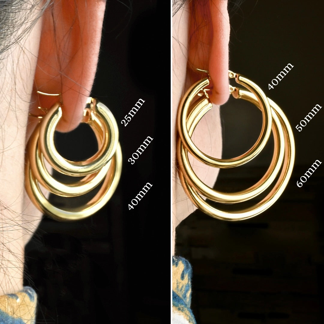 A collage with gold tube hoop earrings from 25mm to 60mm worn on two ears with size measurements labeled.