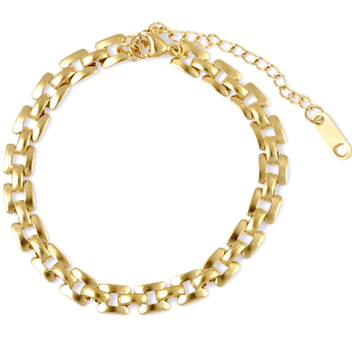 A gold-toned chunky curb link chain bracelet with a lobster clasp and extender chain, displayed on a clean white background.