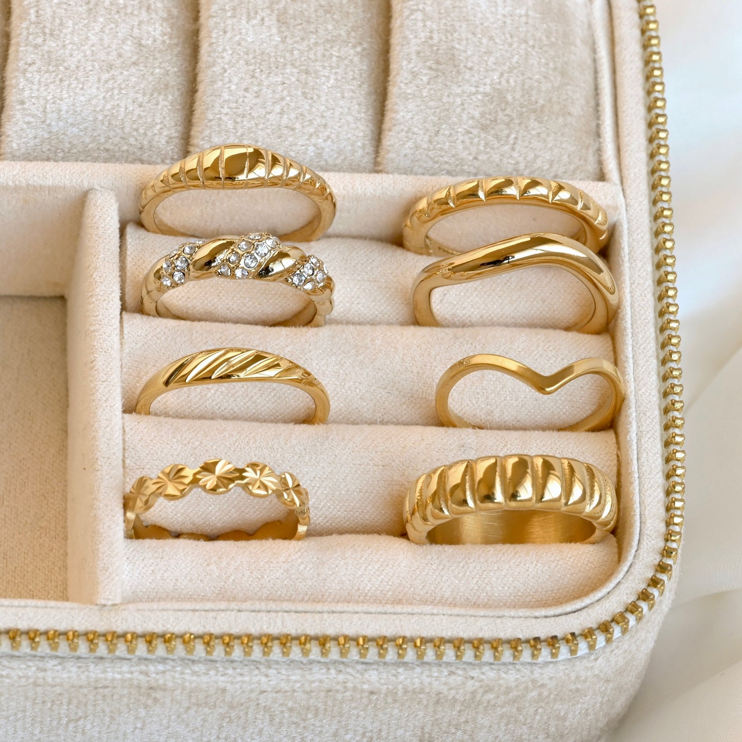 Textured Signet Rings - 18k Gold PVD Croissant Dome and Striped Design