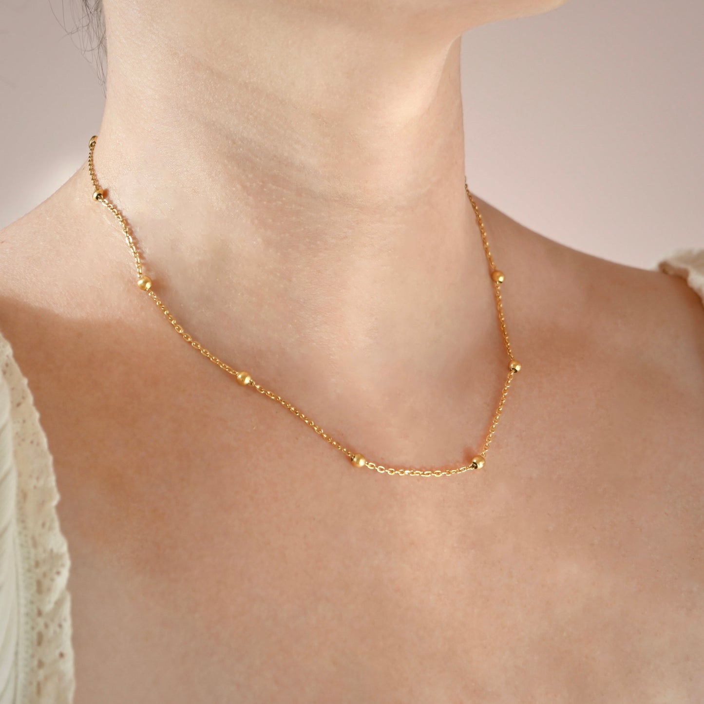 Satellite Chain Necklace - Beaded Gold Necklace for Stacking, Stainless Steel, 16"
