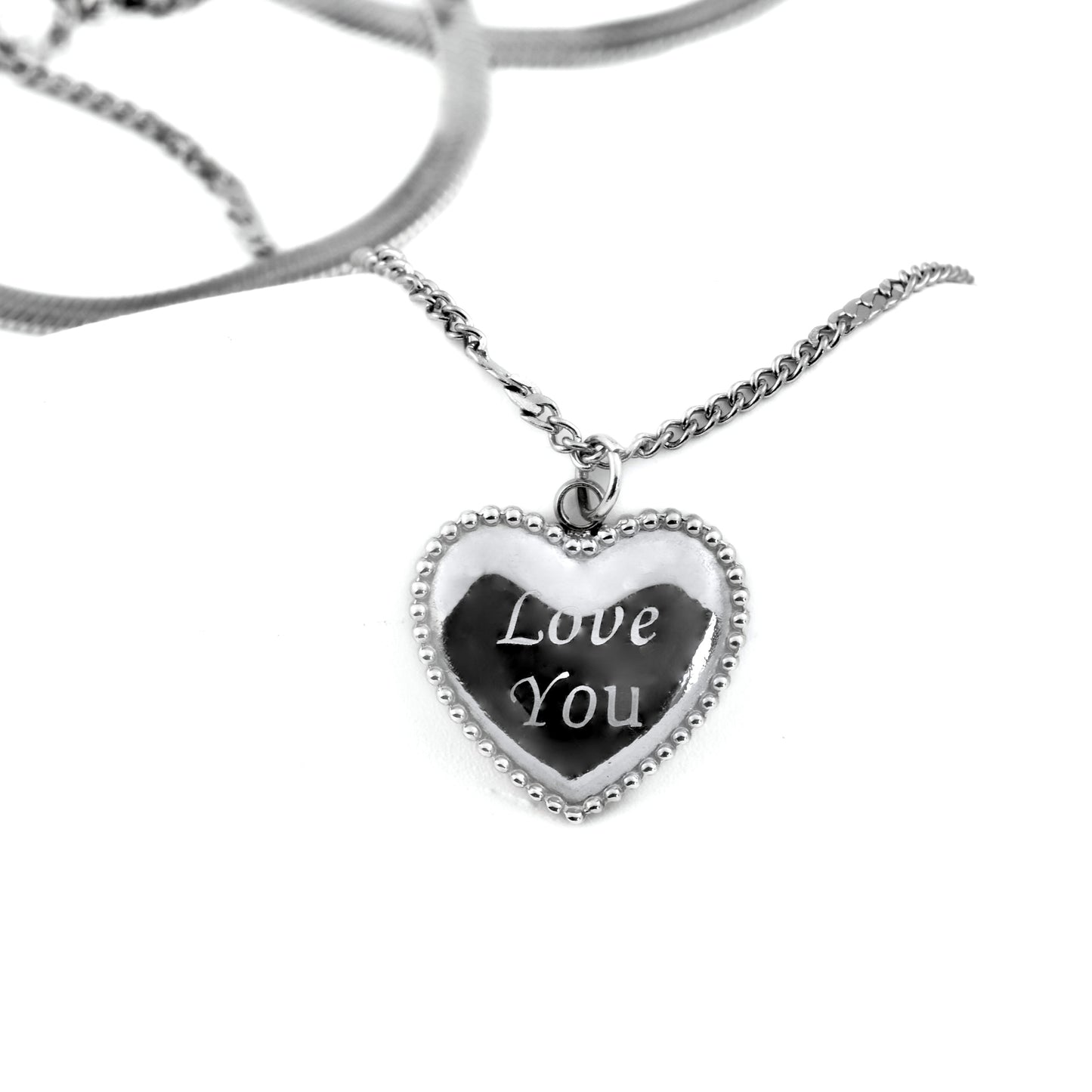 Engraved Heart Pendant & Gold Herringbone Chain, Waterproof Stainless Steel Layered Necklace Set