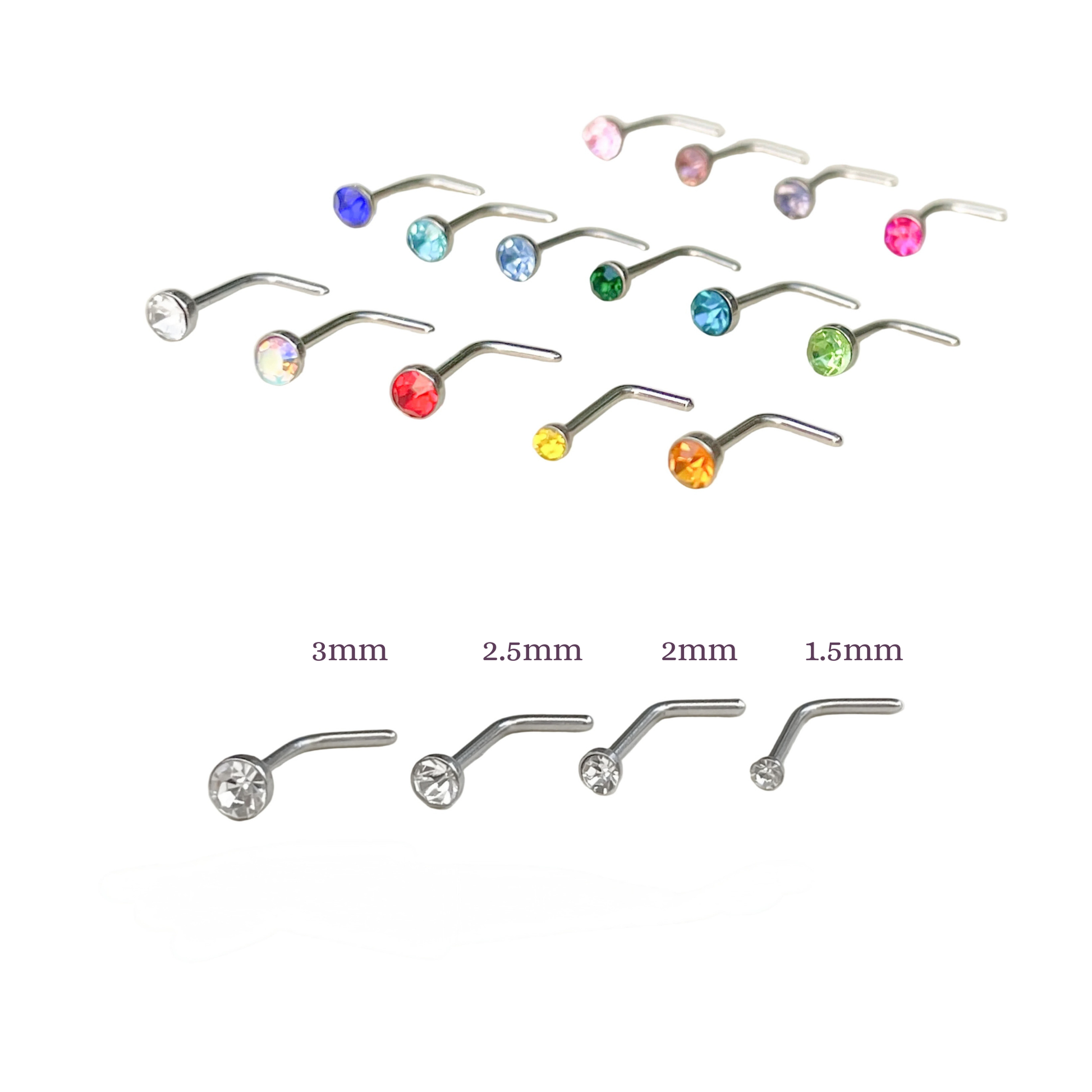 Set of nose rings with colored gemstones and size measurements on a white background