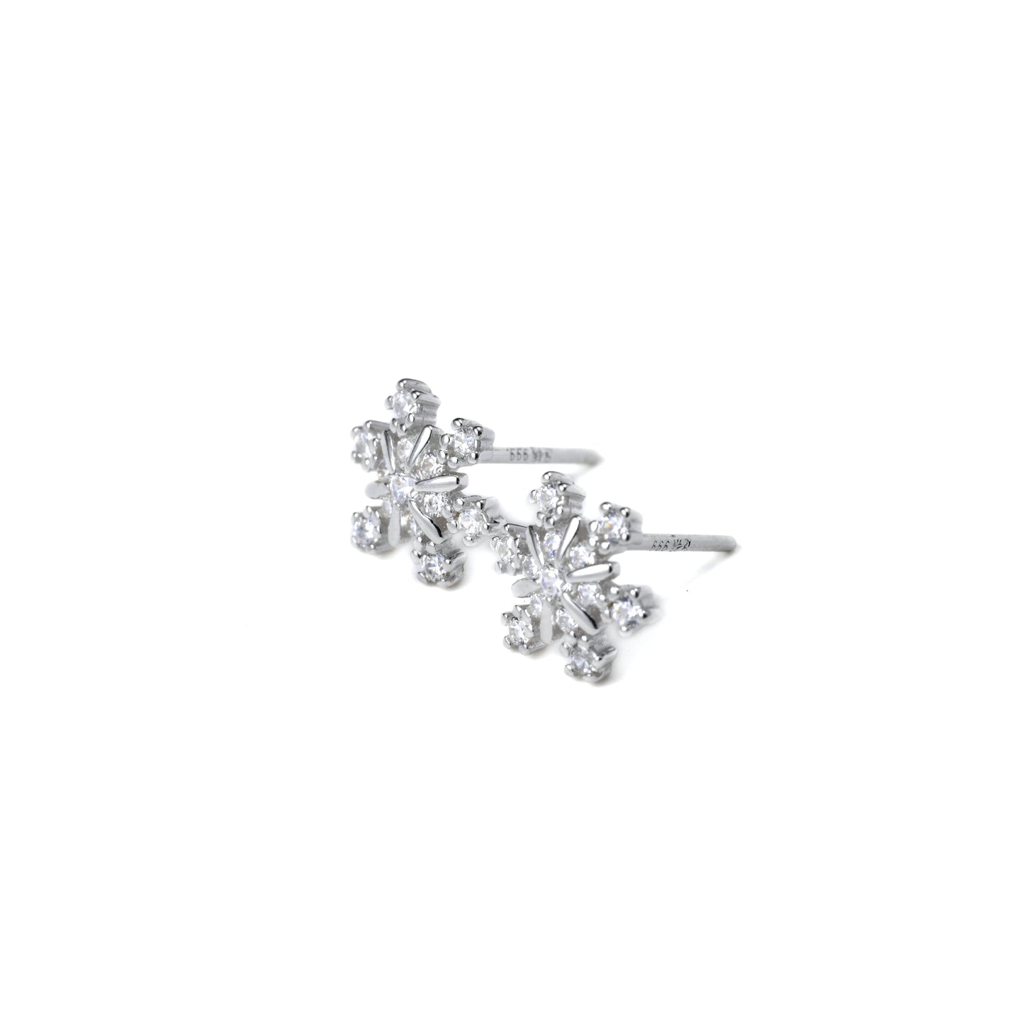 Pair of silver snowflake-shaped earrings on a white background