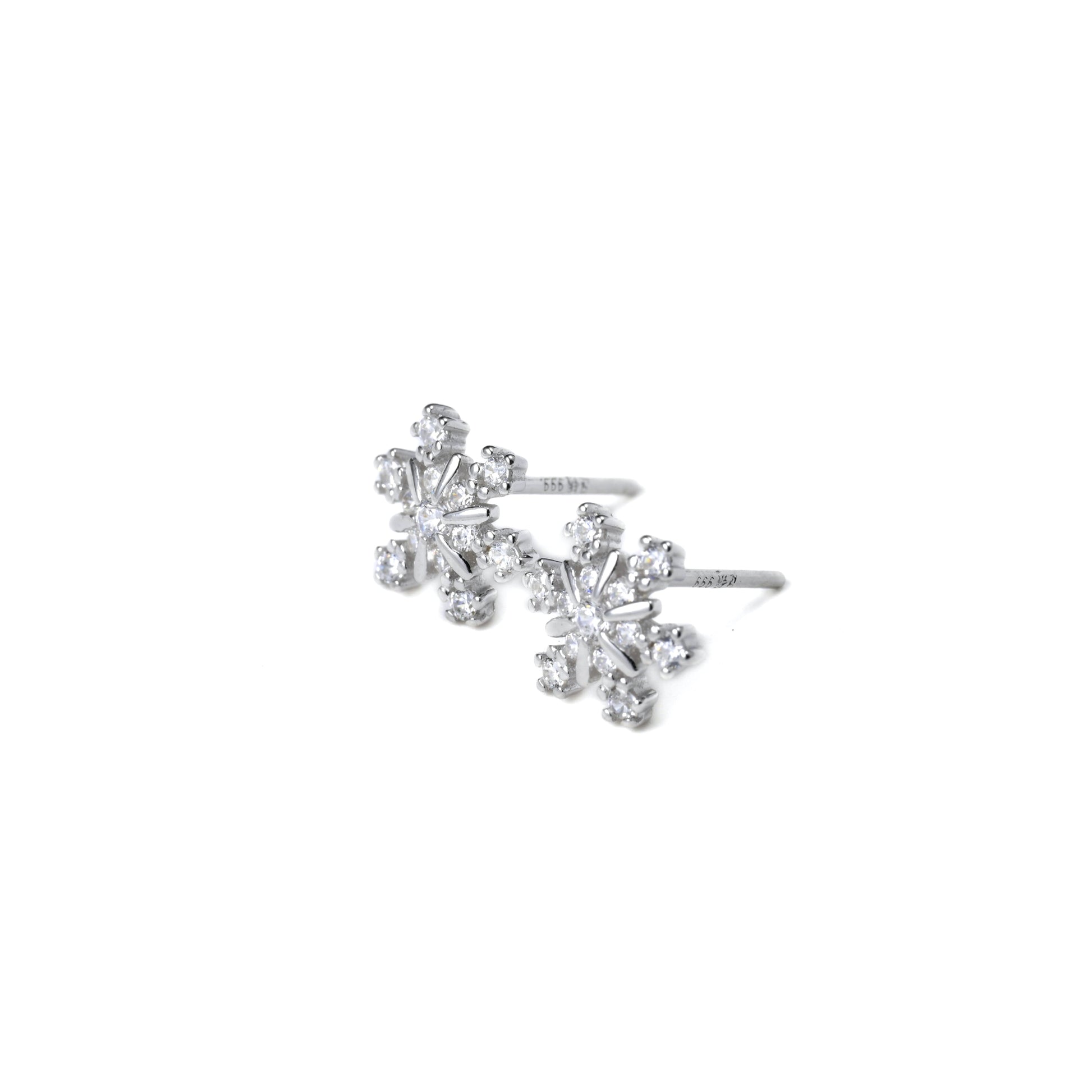 Pair of silver snowflake-shaped earrings on a white background