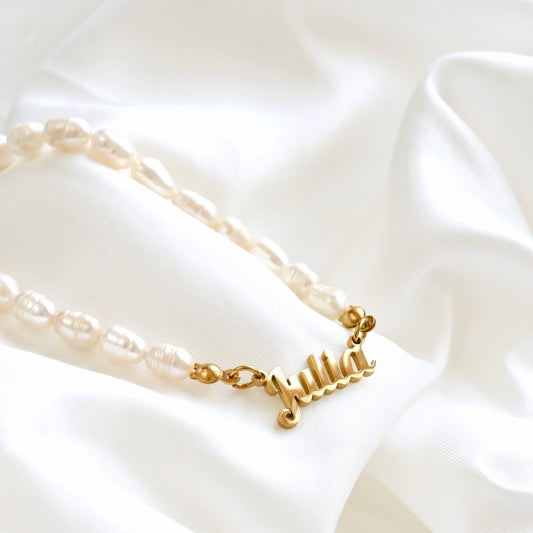 Custom Pearl Name Necklace, Stainless Steel Gold Personalized Pendant, Freshwater Pearl & Shell Pearl Jewelry, 16" to 20"