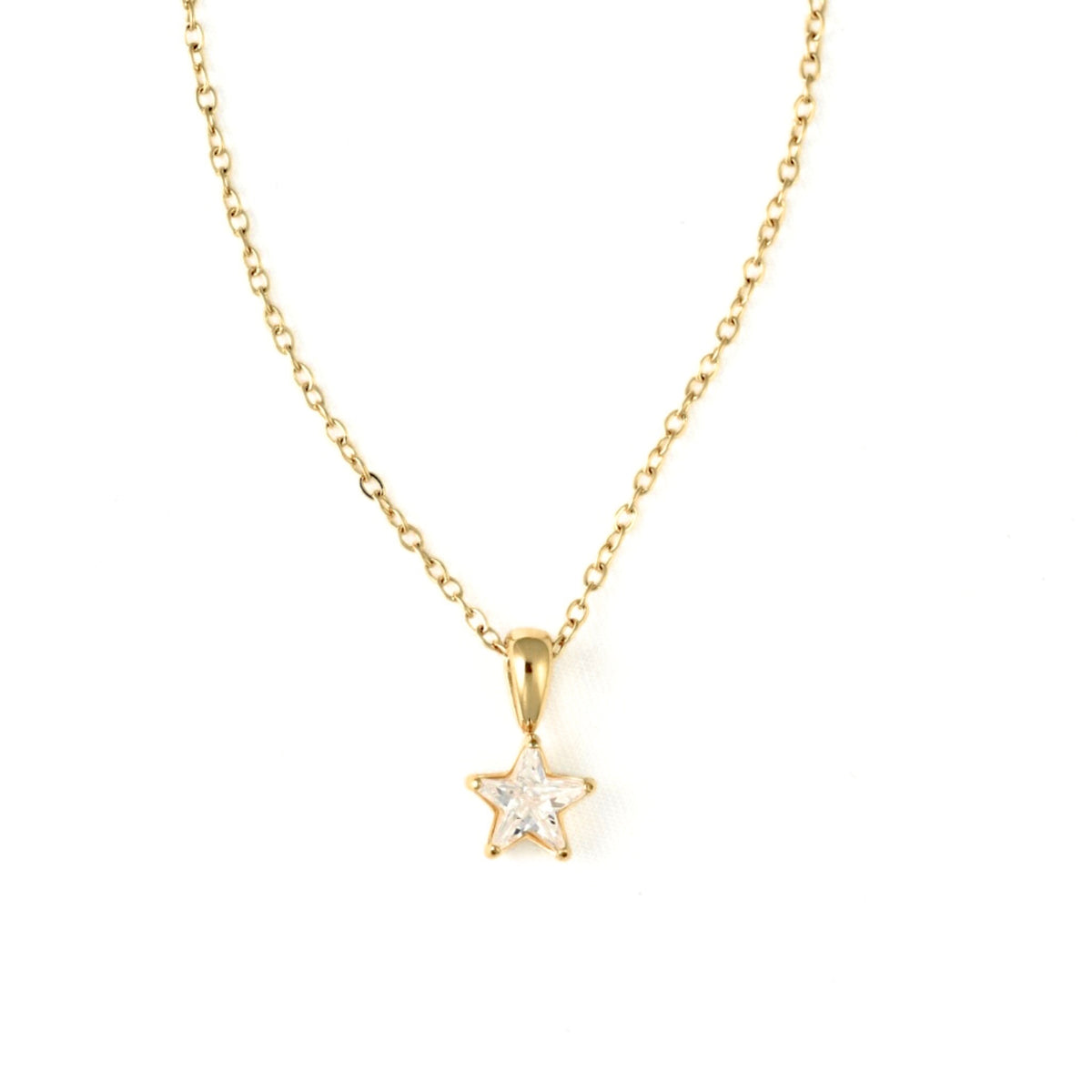 A delicate gold chain necklace featuring a small gold star pendant set with clear, sparkling gemstones, presented on a clean white background.