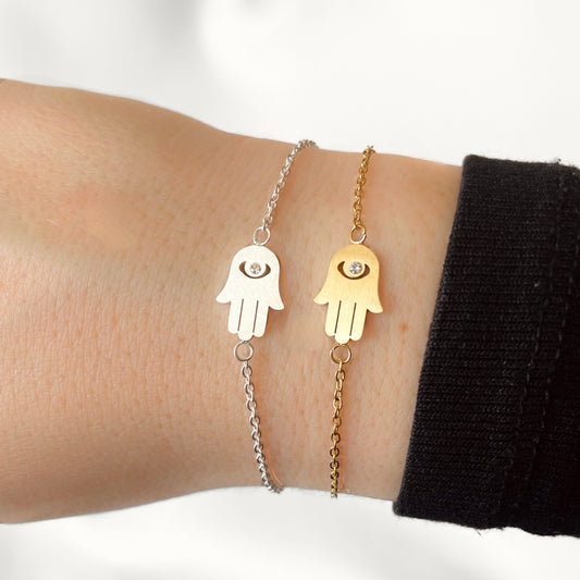 Two hand-shaped bracelets on a wrist against a white background