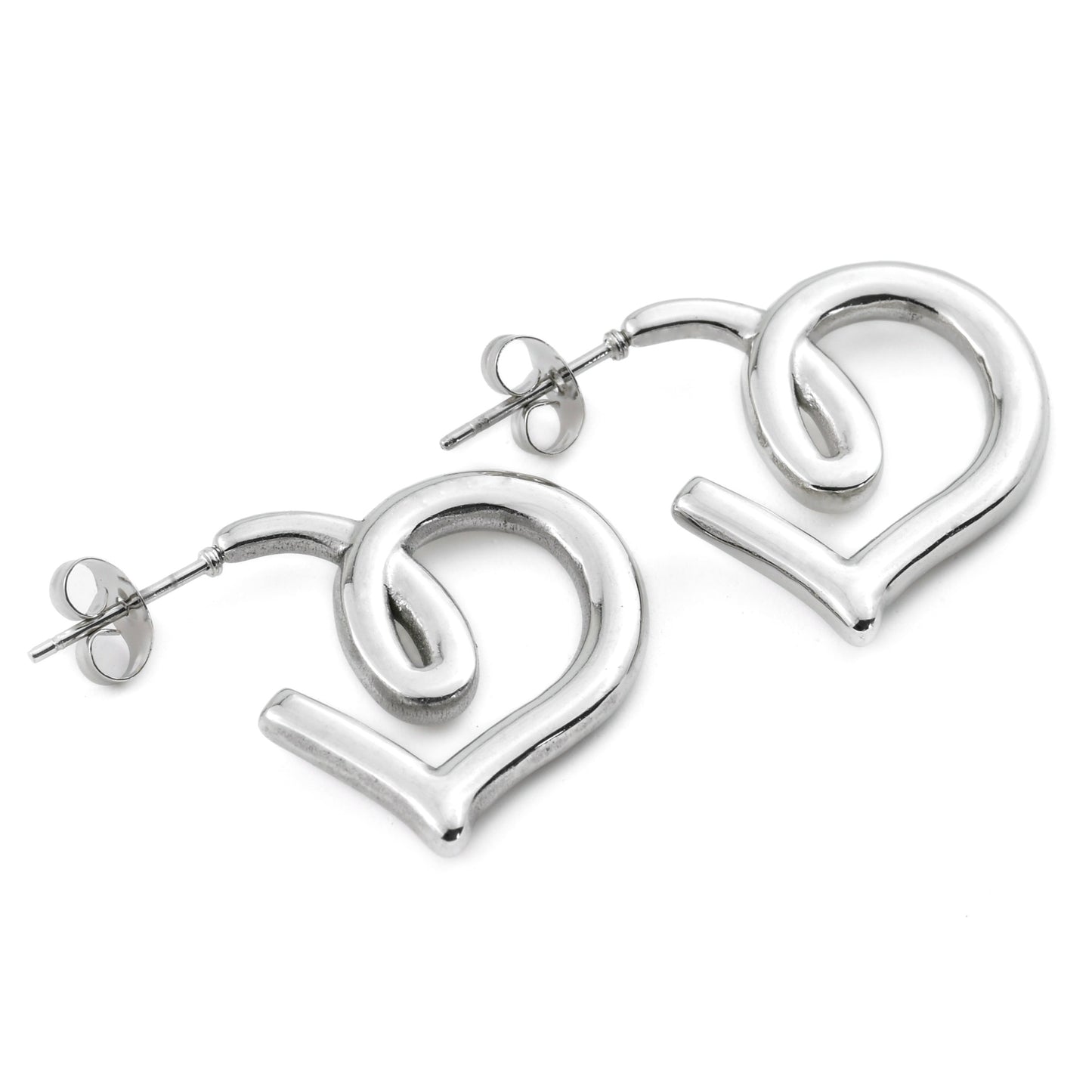 Silver heart-shaped earrings on a white background
