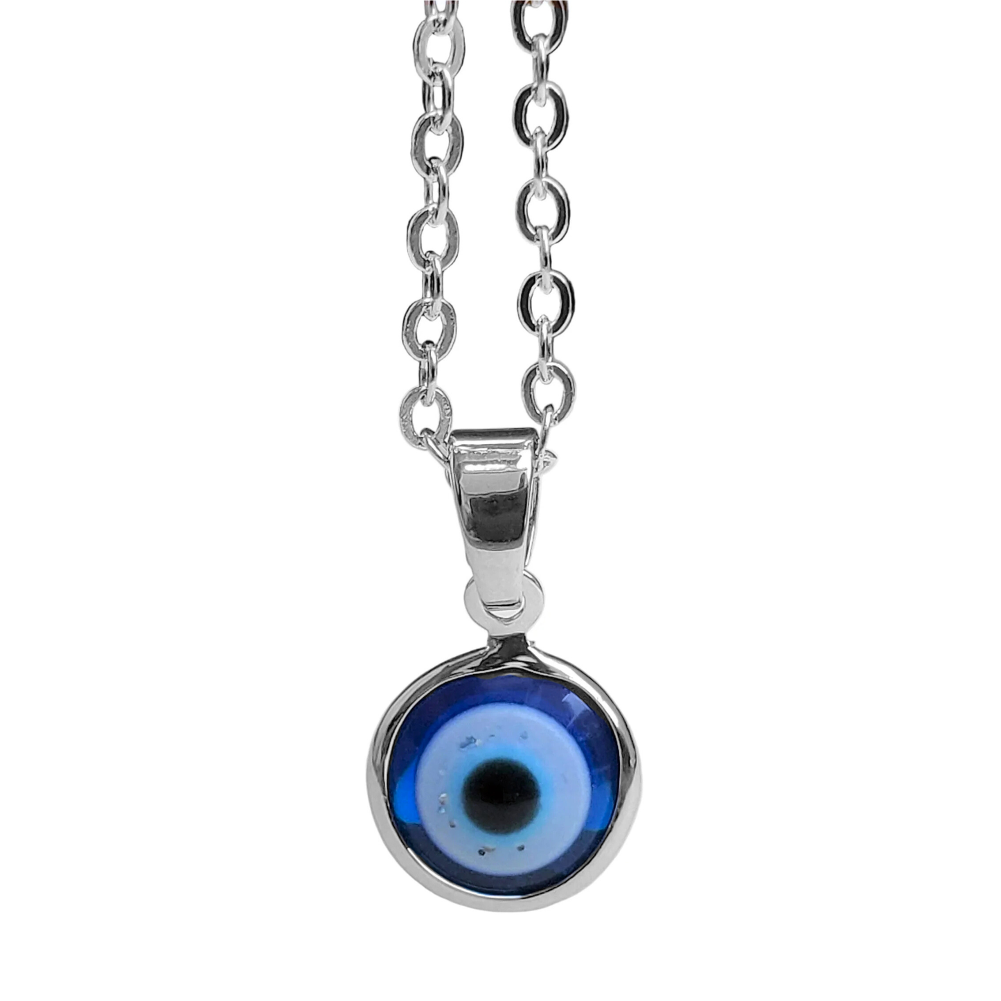 Round evil eye pendant with glitter details hanging from a silver cable chain on a white background