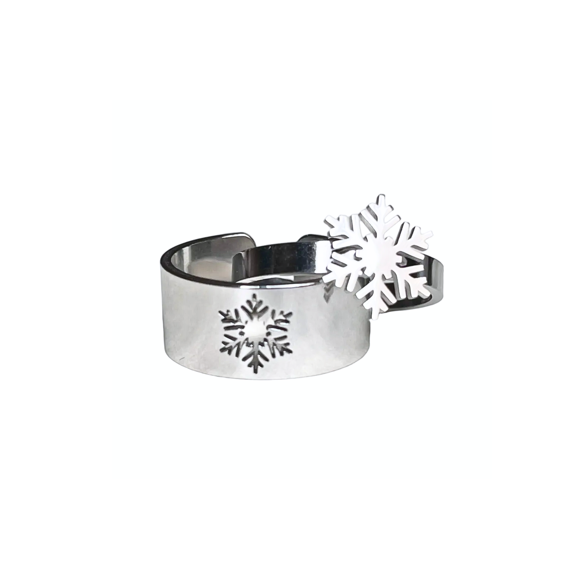 Front view of silver snowflake-shaped ring   set on a white background
