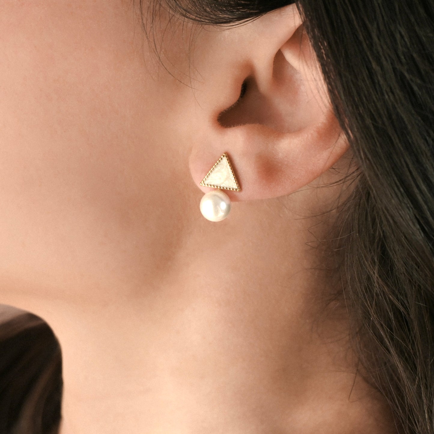 Milgrain Triangle Pearl Earrings - Stainless Steel