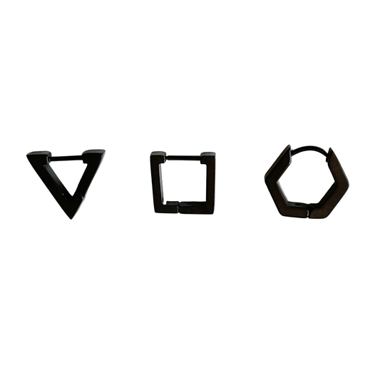 Men's Geometric Earrings, Square, Triangle and Hexagon, Titanium Steel, Black