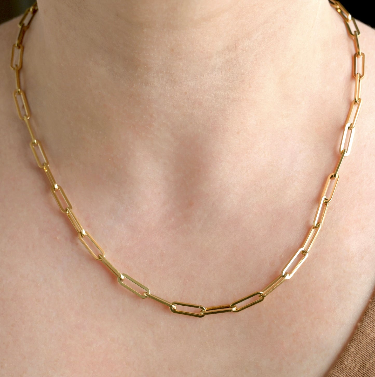 Long rectangular link chain necklace on a person's neck