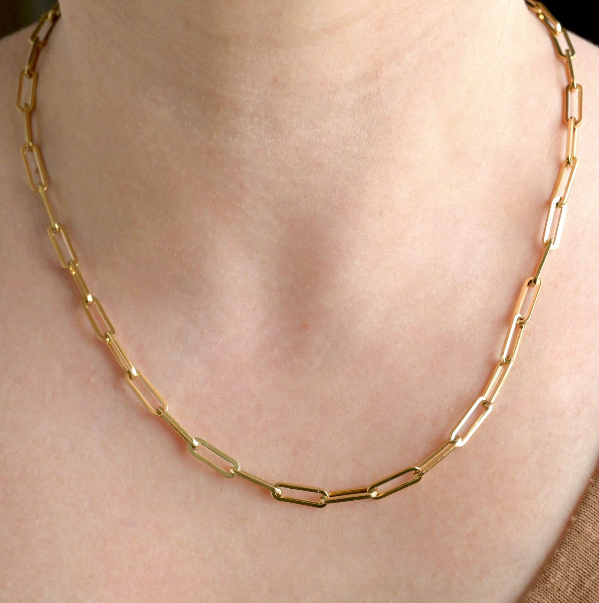 Long rectangular link chain necklace on a person's neck