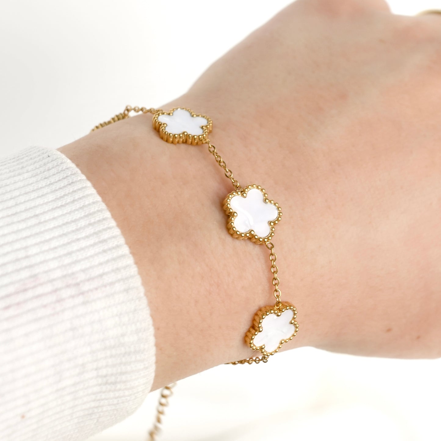 Shell Inlay Milgrain Flower Bracelet - Stainless Steel, Mother of Pearl & Onyx