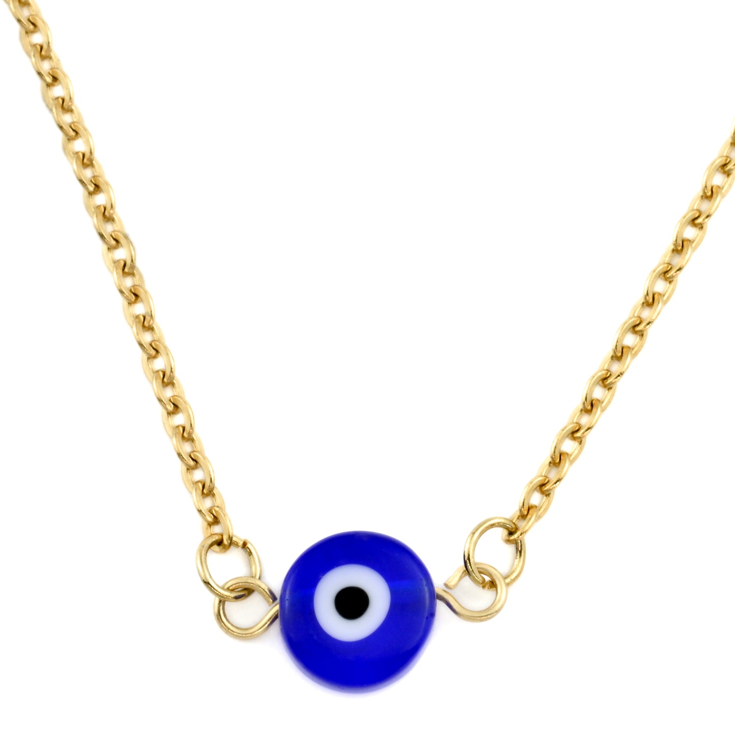 Close-up view of gold cable chain necklace with a blue evil eye charm connector on a white background